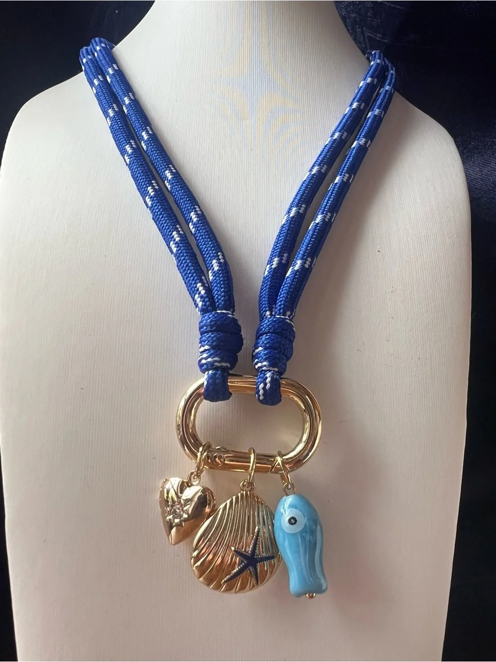 Blue Cord Nautical Charm Necklace with Heart, Gold Shell & Fish